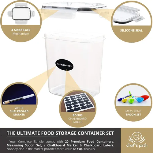 Vista 3 de Chef's Path Recipientes de plástico herméticos para alimentos con tapas - Paquete de 20 (1.6 litros cada uno) - Almacenamiento duradero para cocina