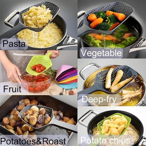 Vista 2 de SEIWEI Cuchara coladora grande, colador de herramientas de mango largo, cuchara de drenaje, colador de pasta resistente al calor, cocina para Azul