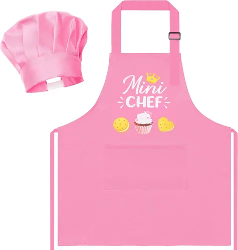 Vista 45 de R HORSE Juego de delantal y sombrero de chef para niños, 2 piezas, mini parrilla ajustable, delantal de cocina para niños, juego de rol, juguete