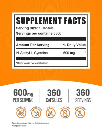 Vista 2 de BulkSupplements.com Cápsulas de N-Acetil L-Cisteína - Cisteína N-Acetil 600mg, Suplemento de NAC - 600mg por cápsula, Sin Gluten - 1 cápsula de NAC