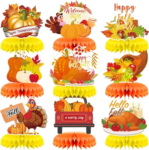 Vista 14 de Centro de mesa de Acción de Gracias, 9 piezas, decoración de mesa de otoño, calabaza, pavo, panal, Acción de Gracias, centro de mesa para decoración