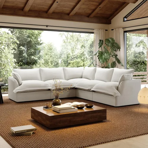 Vista 25 de Sofá modular de mezcla de lino para sala de estar, cómodo sofá modular con relleno de plumón, moderno sofá cama convertible con asiento profundo