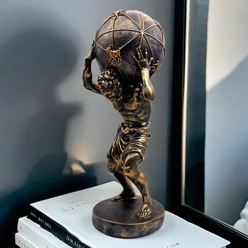 Vista 2 de Estatua de bronce del atlas griego que sostiene el mundo, estatua grande de escultura en casa, oficina, sala de estar, escritorio, decoración