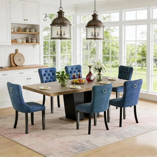Vista 17 de Mesa de comedor extensible de 78.74 pulgadas para 6 8 y 10 pulgadas, moderna mesa de comedor extensible de granja con base de doble pedestal, mesa