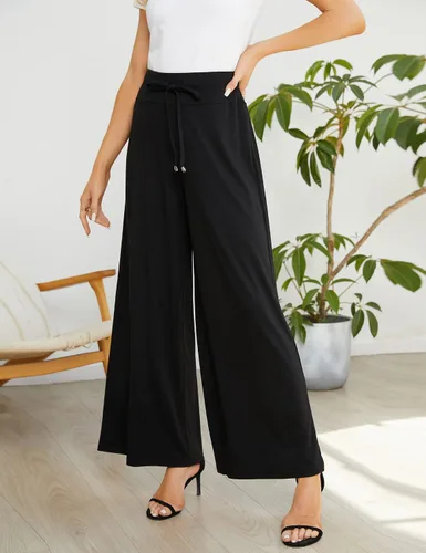 Vista 3 de KOJOOIN Pantalones de pierna ancha para mujer, talla grande, pantalones palazzo con vuelo, cintura alta, elásticos, pantalones largos con cordón