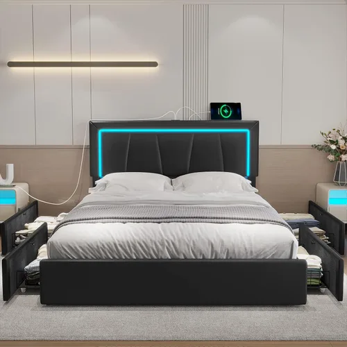 Vista 7 de Hasuit Marco de cama Full con 4 cajones de almacenamiento debajo, cama de plataforma tapizada tamaño Full con cabecera de cuero artificial, cama