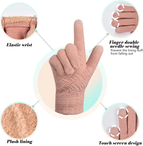Vista 5 de Juego de 3 gorros de punto de invierno para mujer bufanda y guantes para pantalla táctil con pompón
