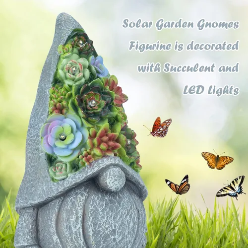 Vista 6 de Estatuas solares de jardín con suculentas y luces LED, estatuas de gnomos de jardín para patio, exterior, patio, balcón, jardinería, inauguración