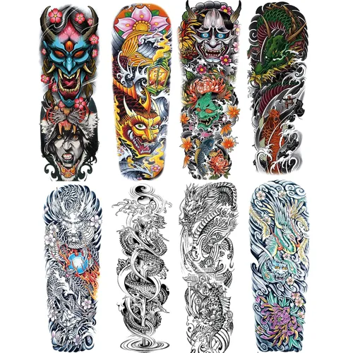 Vista 2 de Pegatinas de tatuaje de manga de león falso, brazo completo, tatuajes temporales para adultos, niños, mujeres, maquillaje, 8 hojas
