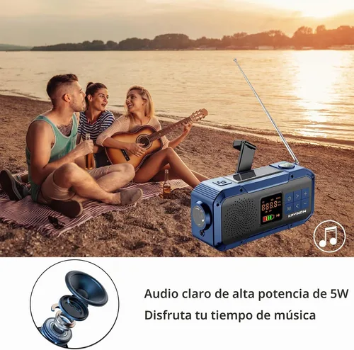 Vista 7 de Radio de emergencia portátil con AM FM NOAA, altavoz Bluetooth, batería recargable de 2000 mAh, carga solar de manivela USB-C, calidad de sonido