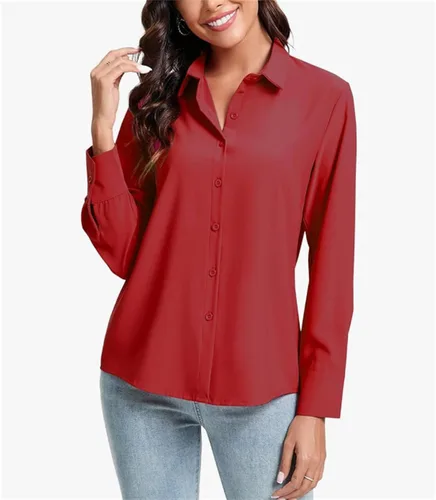 Vista 6 de Camisas con botones para mujer, ajuste delgado, manga larga, elástica, para negocios, casual, de manga larga