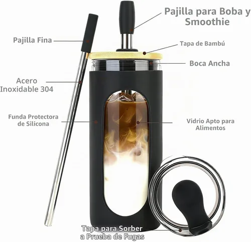 Vista 4 de Sursip - Vaso de vidrio de 20 oz con tapas y popotes, taza de café helado reutilizable de vidrio de borosilicato con tapa de bambú para batido, jugo