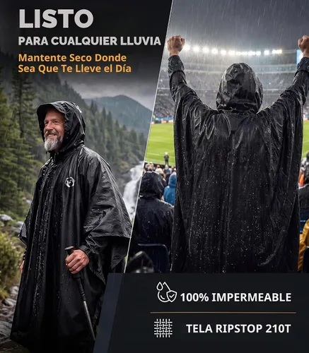 Vista 2 de Foxelli Poncho de lluvia para adultos – Chubasquero impermeable extra largo reutilizable con capucha, ligero para senderismo, campamento, al aire