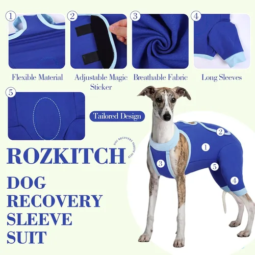 Vista 2 de ROZKITCH Manga de pierna para cirugía para perros, piernas traseras, macho y hembra para evitar lamer heridas, codo, rodillera, traje de Azul