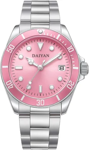 Vista 7 de PASOY Reloj de esfera rosa para mujer, elegante pulsera de acero inoxidable de 1.496 in, luminoso, impermeable, movimiento de cuarzo, visualización
