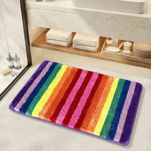 Vista 3 de Sisher Alfombra de baño de arcoíris para niños, bonita alfombra de baño colorida, lavable, suave, antideslizante, alfombra de baño de microfibra