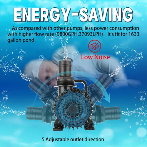 Vista 4 de WaterRebirth PS-1700 Bomba de agua sumergible de alto flujo, para estanques, fuentes de agua y acuarios, 1700 gph-120 W, con certificación UL