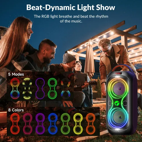 Vista 3 de Altavoces Bluetooth inalámbricos: sonido fuerte de 120 dB, 8 luces LED dinámicas, 5 modos RGB, Bluetooth 5.3, entrada TWS/USB/TF/AUX/FM/Mic, mango