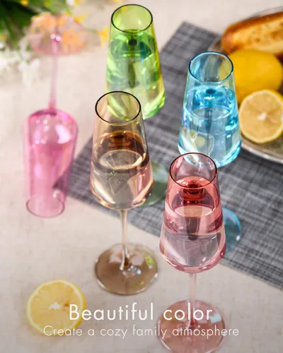 Vista 3 de comfit Juego de 6 copas de champán de colores, vasos de cristal soplados a mano grandes de 8.5 onzas, vasos de colores sin plomo, cristalería