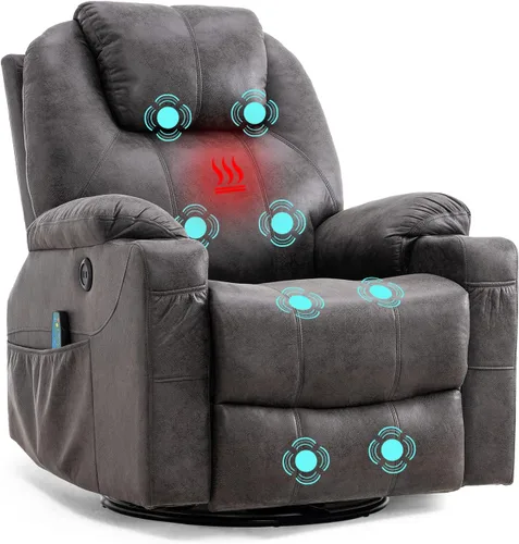 Vista 10 de Silla reclinable giratoria – Mecedora manual mecedora con masaje térmico ergonómico con 4 bolsillos, portavasos, puertos USB, control remoto (marrón)