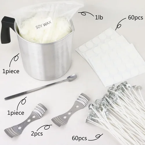 Vista 3 de Kit de fabricación de velas EricX Light, 60 piezas de mechas de vela, 60 piezas de calcomanías para mechas de vela, 473 ml de cera de soya, 1 olla