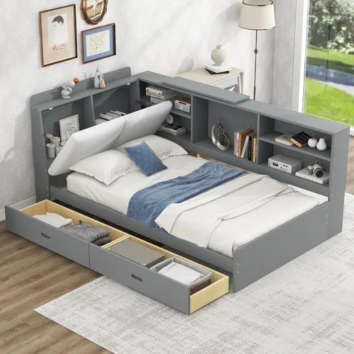 Vista 38 de Sofá cama de madera de tamaño matrimonial con 2 armarios de noche, estantes superiores y 4 cajones, marco de madera resistente, espacio de Marrón