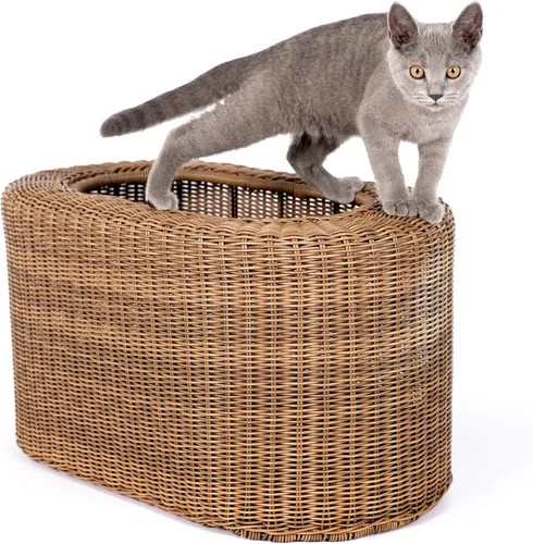 Vista 7 de Divertida casa apilable de mimbre para gatos, casa interactiva de ratán para gatos de interior, para gatos de interior, entrada de casa