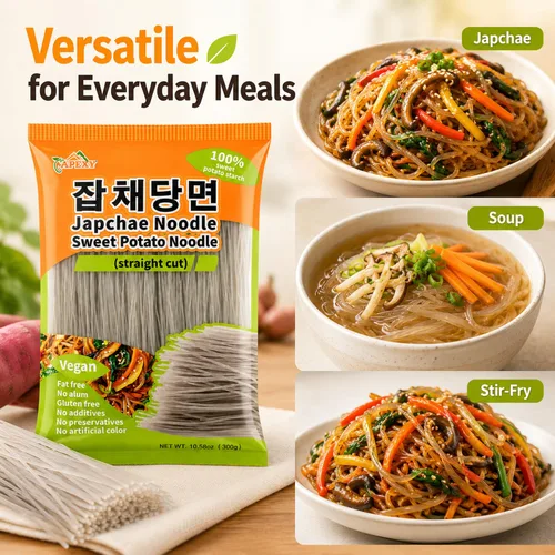 Vista 4 de APEXY Fideos de vidrio de batata corte recto, fideos japchae, pasta de fideos coreanos, sin grasa y sin gluten, 100% almidón de batata, sin
