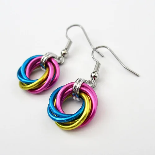 Vista 9 de Pansexual pride earrings, handmade chainmail love knot jewelry; pink, yellow, blue