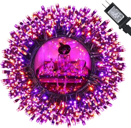 Vista 11 de Luces de Halloween - Tira de luces naranjas, verdes y moradas con 8 modos, guirnalda resistente al agua de 82 pies con 200 luces LED para decoración