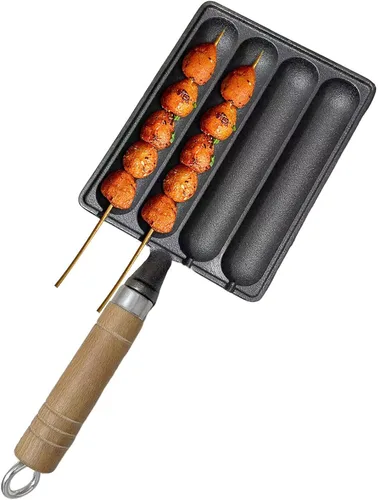 Vista 3 de Ollas de salchichas a la parrilla, sartenes de salchicha de hierro fundido, sartén de cocción de salchichas con diseño de brocheta múltiple