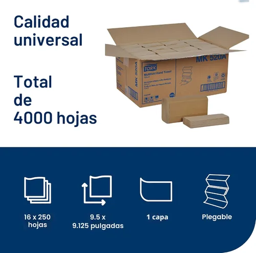 Vista 2 de Tork Toalla de mano multipliegue, natural, 100% reciclada, certificado FSC, compatible con dispensadores H2, 16 paquetes x 250 hojas (MK520A)