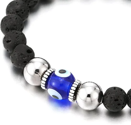 Vista 2 de COOLSTEELANDBEYOND Pulsera de cuentas negras para hombre y mujer, con cuentas de cristal estilo Murano, protección de oración Mala