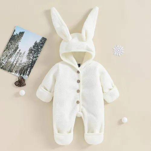 Vista 2 de Yoawdats Disfraz de conejo para bebés niños y niñas, de lana de cordero, orejas de conejo, espectáculo de escenario, juego de rol, con capucha