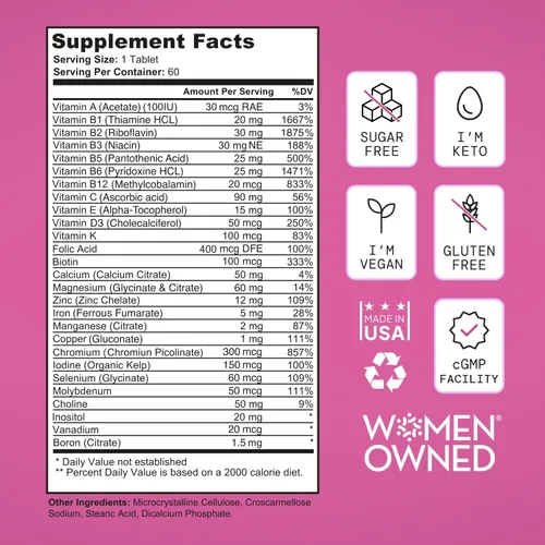 Vista 6 de SELF NUTRITION Multivitamínicos veganos para mujer, una vez al día, 28 nutrientes, aumenta la energía, el sueño, el cabello, la piel, las uñas