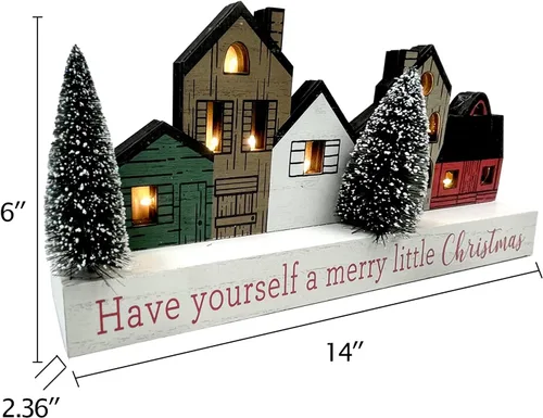 Vista 6 de Decoraciones de Navidad para el hogar, decoración de árbol de Navidad con temporizador de madera rústica de madera, bloque de mesa de granja