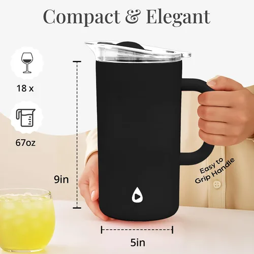 Vista 3 de Jarra aislada de acero inoxidable con tapa, jarra aislada al vacío de doble pared de 67 oz para bebidas frías Negro
