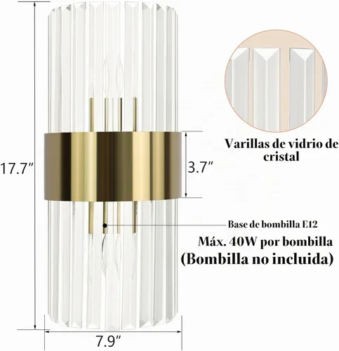 Vista 6 de Juego de 2 apliques de pared de cristal dorado, modernos apliques de cristal de iluminación de 2 luces de latón para pared de baño, pasillo