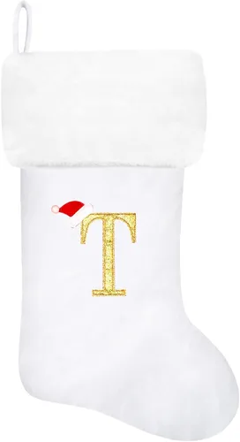 Vista 120 de Calcetines de Navidad bordados de 20 pulgadas con monograma, terciopelo negro con puño de felpa blanca supersuave, adornos clásicos para decoración