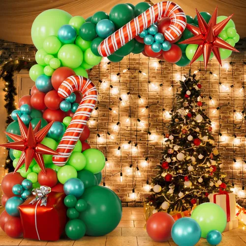 Vista 5 de Kit de arco de guirnalda de globos de Navidad de 183 piezas con globos rojos de Navidad, lima, verde oscuro, verde metálico, globos de papel