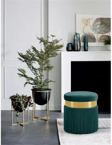 Vista 2 de Meridian Furniture Yasmine Collection Modern - Taburete otomano tapizado de terciopelo contemporáneo con banda de acero inoxidable con acabado