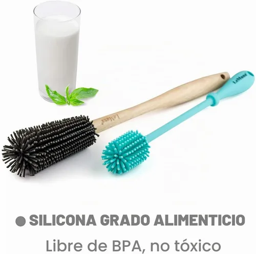 Vista 4 de Juego de cepillos de silicona para botellas con mango de madera, cepillo de silicona y limpiador de popote para Hydro Flask, botella deportiva