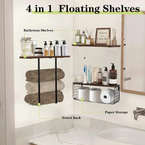Vista 4 de Estantes flotantes sobre el inodoro, estante organizador de baño montado en la pared con cesta de almacenamiento para papel higiénico, estantes