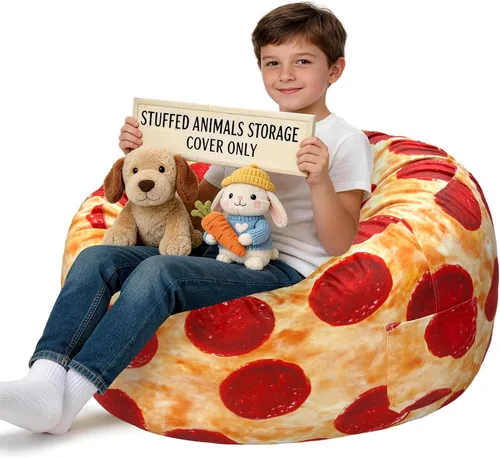 Vista 33 de Lukeight - Puf de almacenamiento de animales de peluche para niños, funda para puf de dinosaurio con cremallera para organizar la habitación