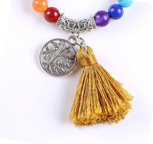 Vista 4 de Juego de 108 cuentas de Mala + pulsera de ojo de tigre de 0.315in, 7 chakras, árbol de la vida, yoga, meditación, piedras preciosas curativas reales