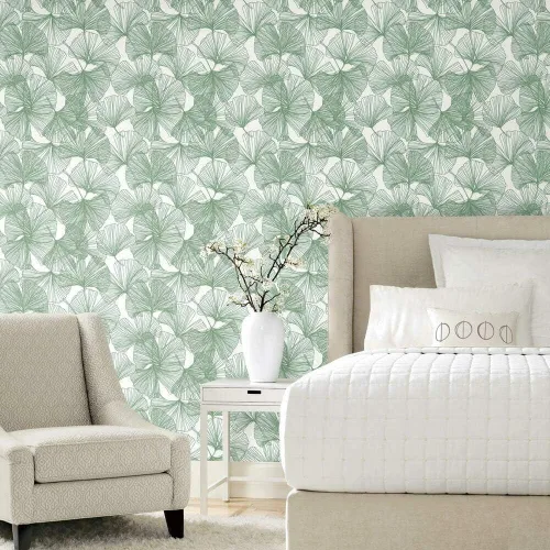 Vista 2 de RoomMates - Papel tapiz para despegar y pegar con hojas de gingko verdes