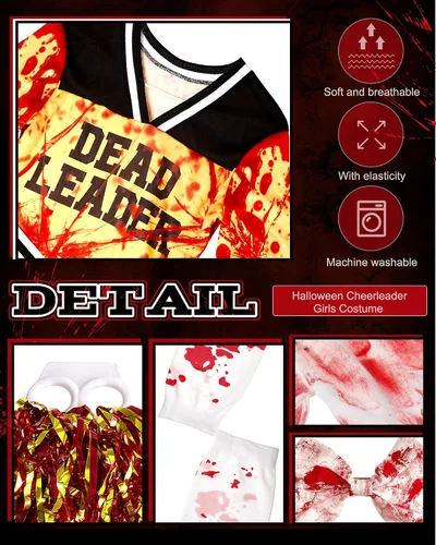Vista 5 de Toulite Disfraz de animadora zombi de Halloween para niñas, disfraz de Halloween sin animadoras, calcetines, guantes, pompones, lazo, cosplay