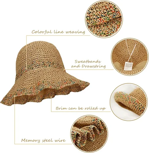Vista 5 de Sombrero de paja para mujer, sombrero de playa plegable, sombrero de ala ancha