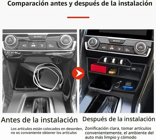 Vista 3 de Caddy impermeable de plástico ABS para Honda Civic Sedan 10ª generación, caja de consola central, bandejas para monedas, organizador con cable