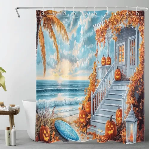 Vista 31 de LB Cortina de ducha de feliz Halloween para baño, flamenco rosa y calabaza naranja con sombrero mágico, cortina de ducha de tela con ganchos, juego